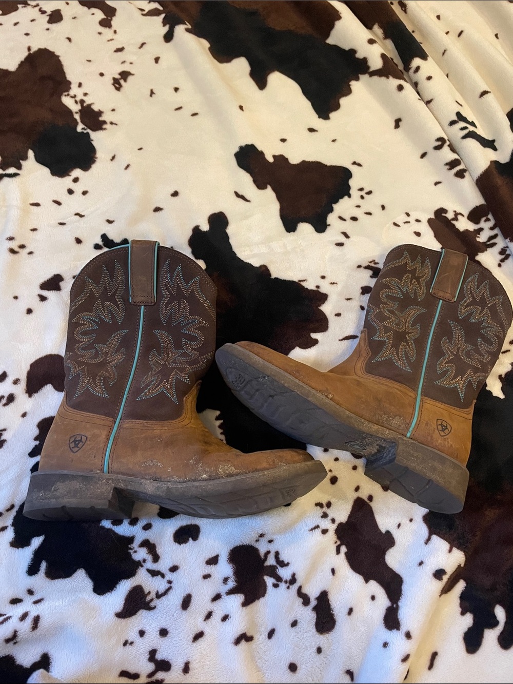 Ariat Brown and Tan Western Work Boots with Teal Accent